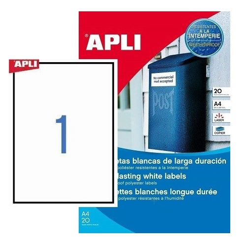 Lipnios etiketės atsparios A4/210 x 297 mm 20 lapų baltos sp. Apli 01228
