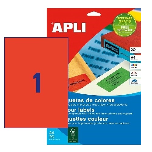 Lipnios etiketės A4/210 x 297 mm 20 lapų raudonos sp. Apli 01601