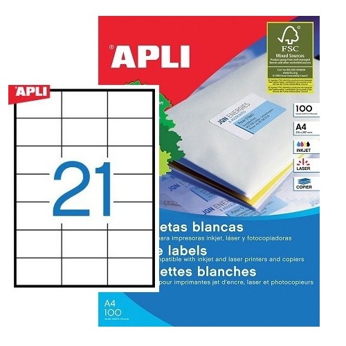 Lipnios etiketės A4/70 x 42.4 mm 100 lapų Apli 03136