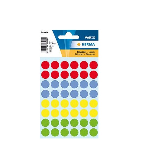 Lipnios etiketės apvalios 13mm 240vnt. įvairių spalvų Herma 1851