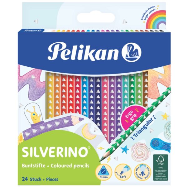 Spalvoti trikampiai pieštukai Silverino 24 spalvų Pelikan 700665