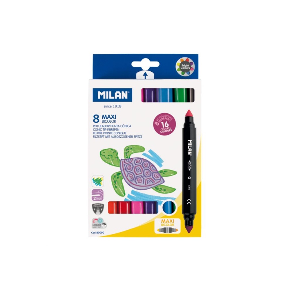 Flomasteriai Maxi Bicolor dvipusiai 16 spalvų Milan 80090